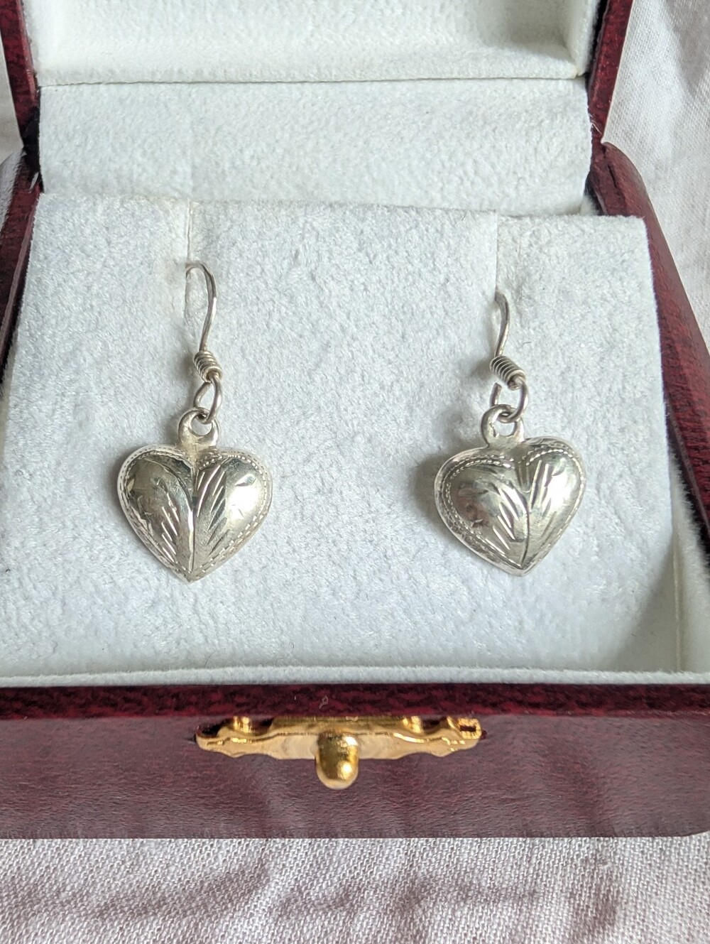 925 Sterling Silver Puffed Heart Dangle Drop Earrings